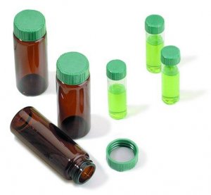 Vials, screw top with solid green Thermoset cap with PTFE liner, preassembled, pkg of 100 27134