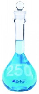 KIMBLE KIMAX Heavy duty volumetric wide-mouth flask with KIMCOTE safety coating and glass stopper DWKKC92812G-250
